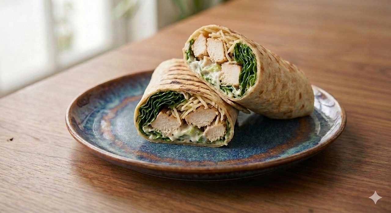 Caesar Chicken Wrap: Baked chicken, greens, Caesar dressing, and shredded Parmesan.
