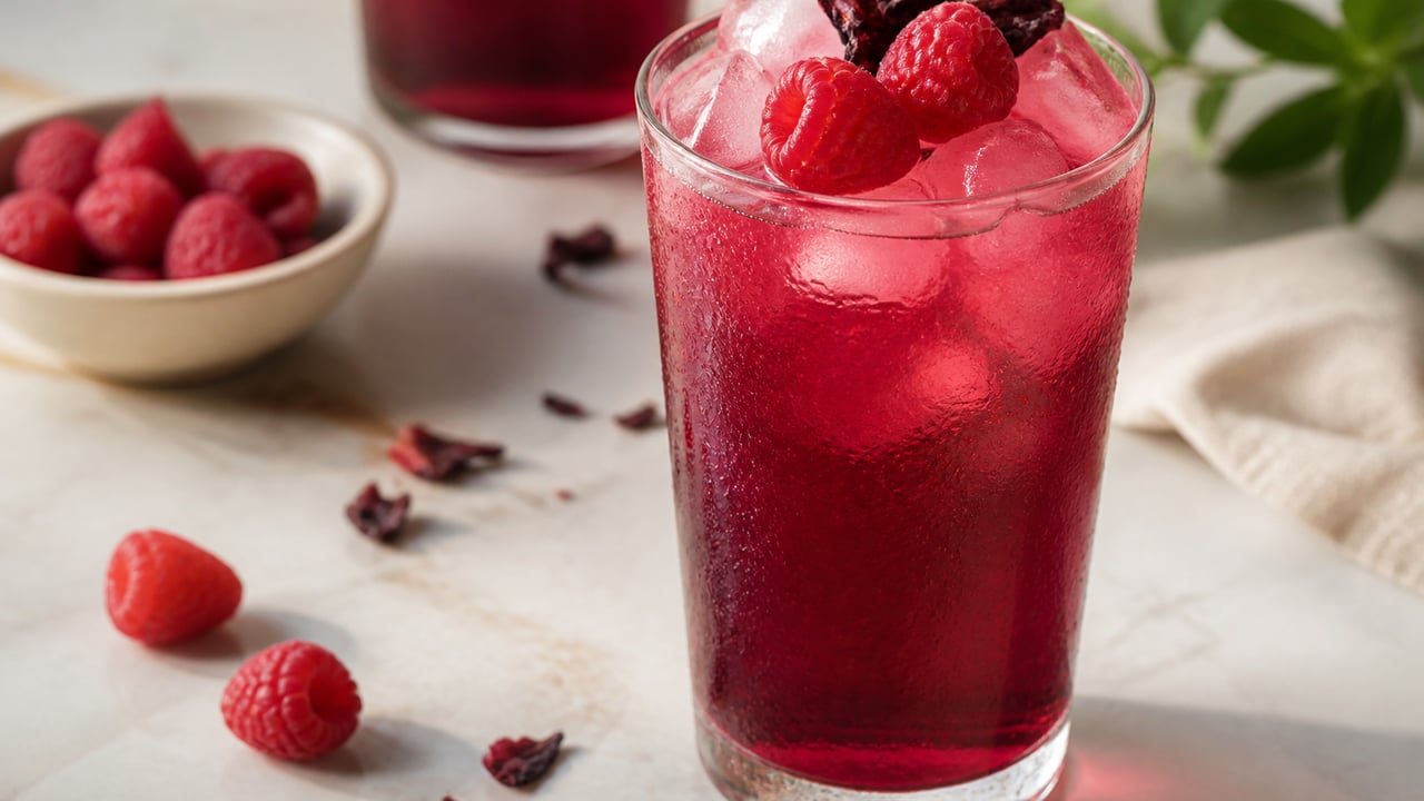 Hibiscus Raspberry Tea: Fresh-brewed hibiscus raspberry tea, lightly sweetened.